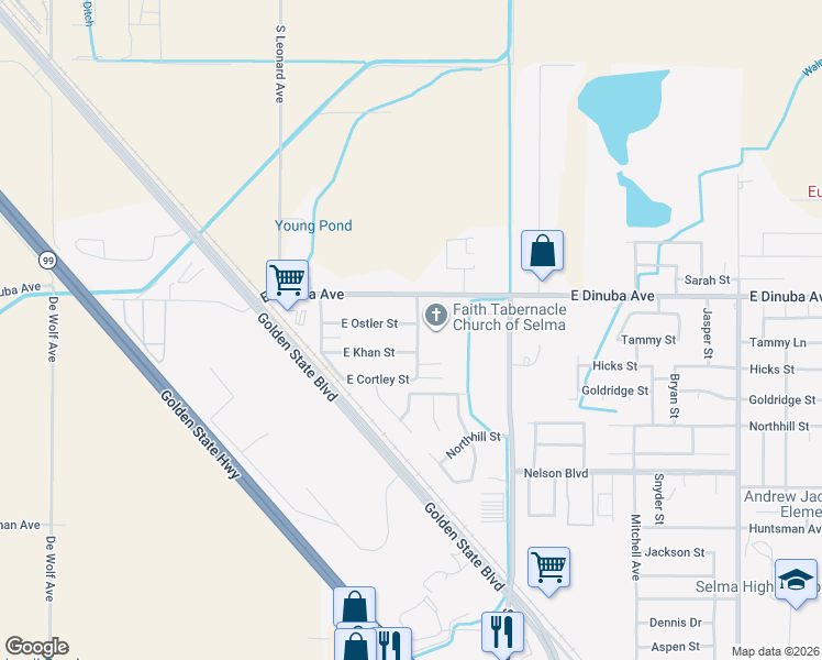 map of restaurants, bars, coffee shops, grocery stores, and more near 8753 East Ostler Street in Selma