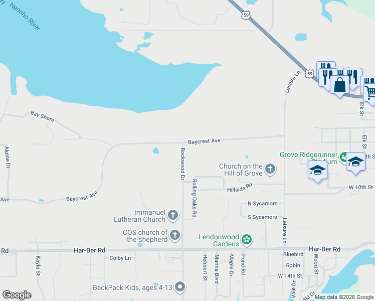 map of restaurants, bars, coffee shops, grocery stores, and more near 610 Rockwood Drive in Grove