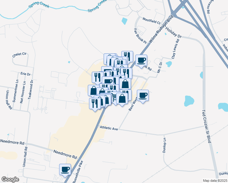 map of restaurants, bars, coffee shops, grocery stores, and more near 2840 Wilma Rudolph Boulevard in Clarksville