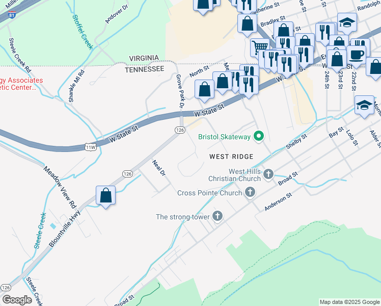 map of restaurants, bars, coffee shops, grocery stores, and more near 104 Stafford Street in Bristol