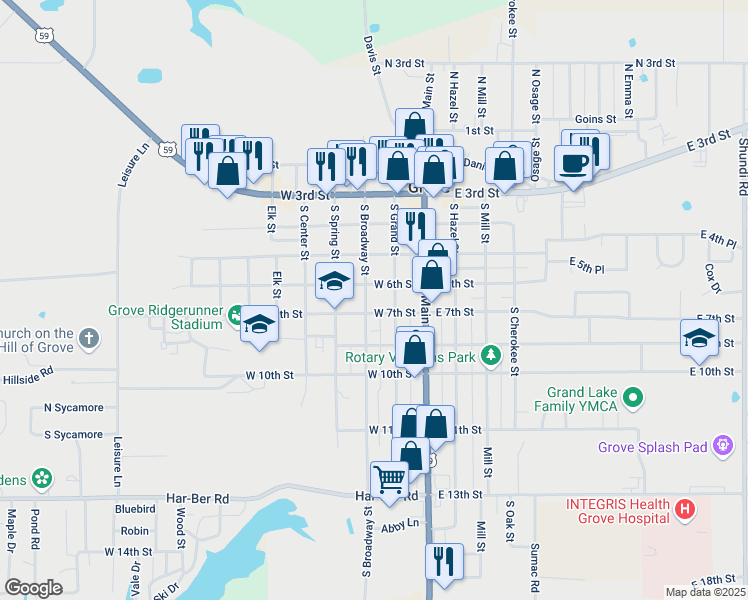 map of restaurants, bars, coffee shops, grocery stores, and more near 119 East 7th Street in Grove