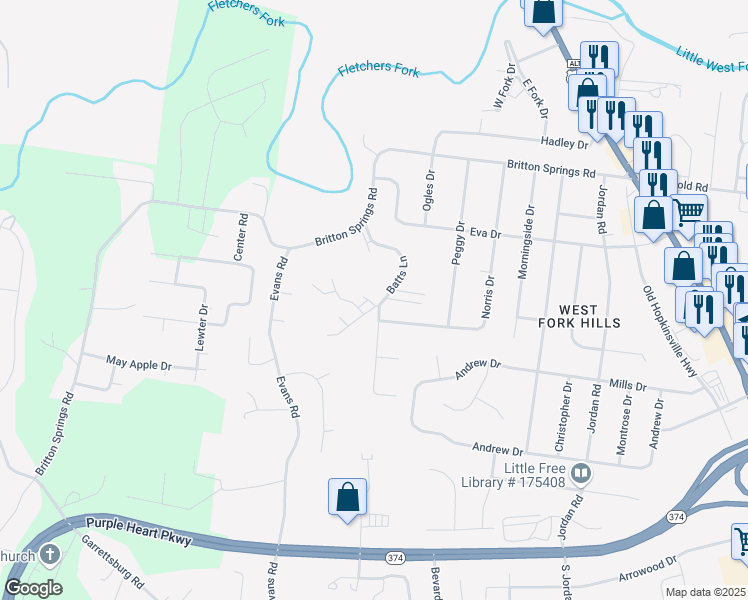 map of restaurants, bars, coffee shops, grocery stores, and more near 1922 Batts Lane in Clarksville