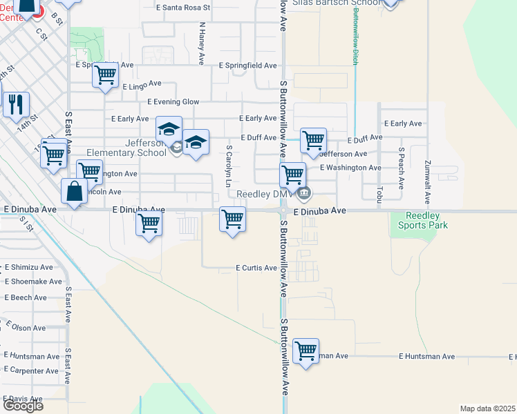 map of restaurants, bars, coffee shops, grocery stores, and more near 1570 East Dinuba Avenue in Reedley