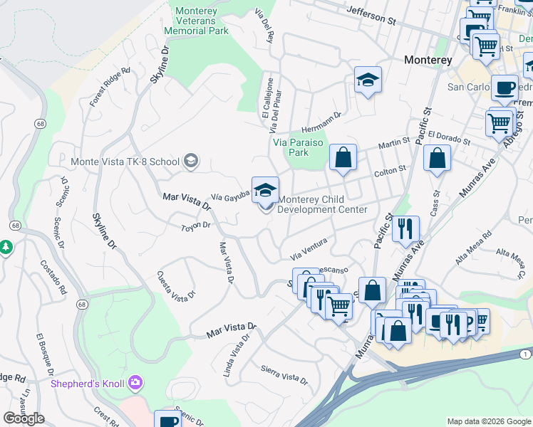 map of restaurants, bars, coffee shops, grocery stores, and more near 251 Soledad Drive in Monterey
