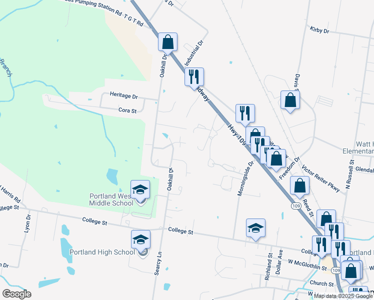 map of restaurants, bars, coffee shops, grocery stores, and more near 105 Goostree Court in Portland