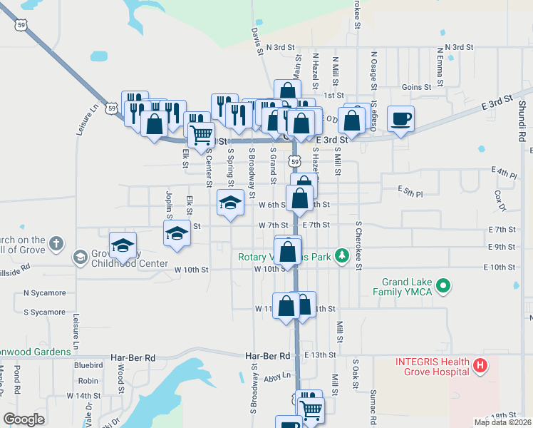 map of restaurants, bars, coffee shops, grocery stores, and more near 119 East 7th Street in Grove