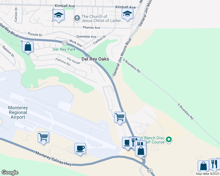 map of restaurants, bars, coffee shops, grocery stores, and more near 210 Quail Run Court in Del Rey Oaks