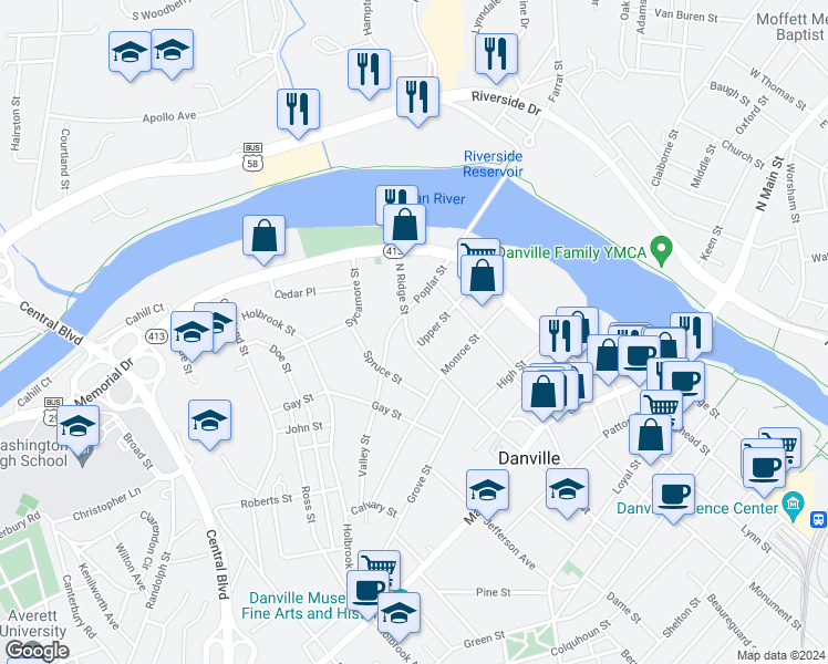 map of restaurants, bars, coffee shops, grocery stores, and more near 501 North Ridge Street in Danville