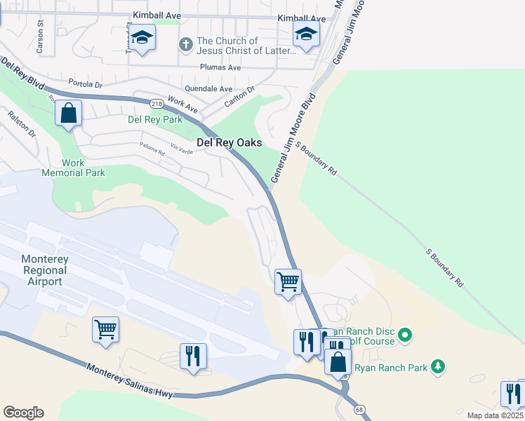 map of restaurants, bars, coffee shops, grocery stores, and more near 112 Quail Run Court in Del Rey Oaks