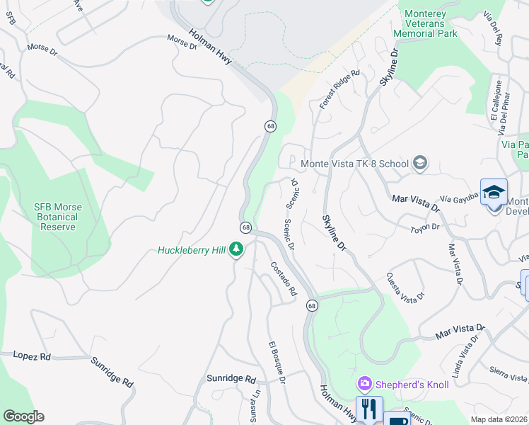 map of restaurants, bars, coffee shops, grocery stores, and more near 54 Ocean Pines Lane in Monterey County
