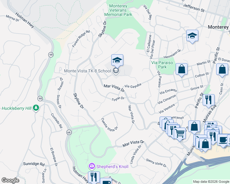 map of restaurants, bars, coffee shops, grocery stores, and more near 514 Toyon Drive in Monterey