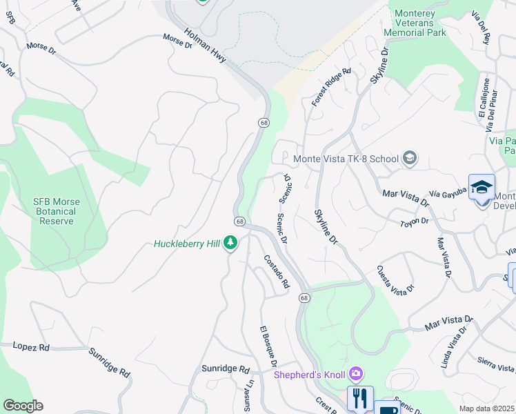 map of restaurants, bars, coffee shops, grocery stores, and more near 54 Ocean Pines Lane in Monterey County