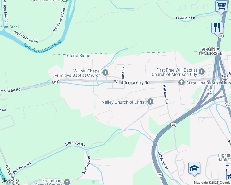 map of restaurants, bars, coffee shops, grocery stores, and more near 641 Mayfield Avenue in Kingsport