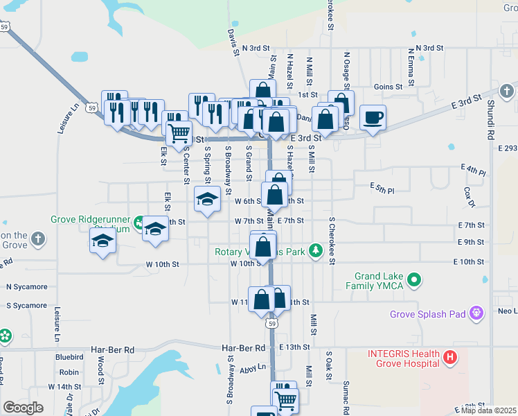 map of restaurants, bars, coffee shops, grocery stores, and more near in Grove