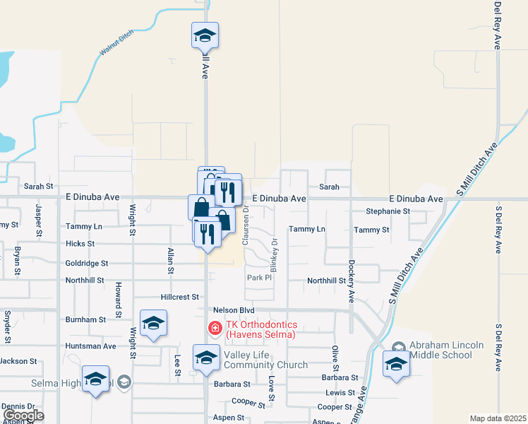 map of restaurants, bars, coffee shops, grocery stores, and more near B Court in Selma