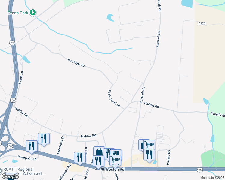 map of restaurants, bars, coffee shops, grocery stores, and more near 2100-2116 Robin Hood Drive in Danville