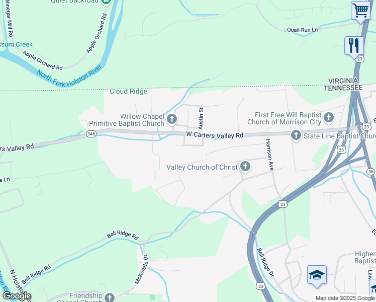 map of restaurants, bars, coffee shops, grocery stores, and more near 641 Mayfield Avenue in Kingsport