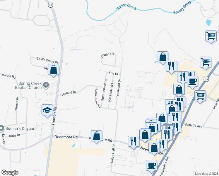 map of restaurants, bars, coffee shops, grocery stores, and more near 2817 Summertree Lane in Clarksville