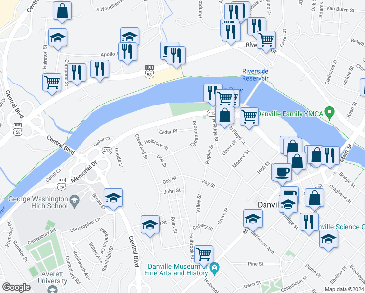 map of restaurants, bars, coffee shops, grocery stores, and more near 316 Sycamore Street in Danville