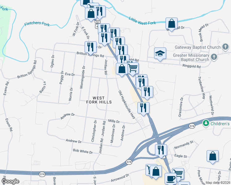 map of restaurants, bars, coffee shops, grocery stores, and more near 218 Jordan Road in Clarksville