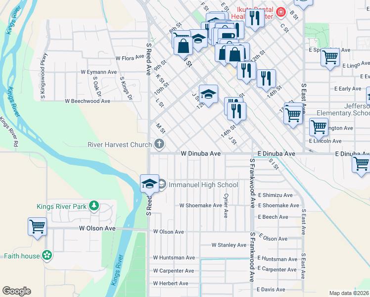 map of restaurants, bars, coffee shops, grocery stores, and more near 569 West Dinuba Avenue in Reedley