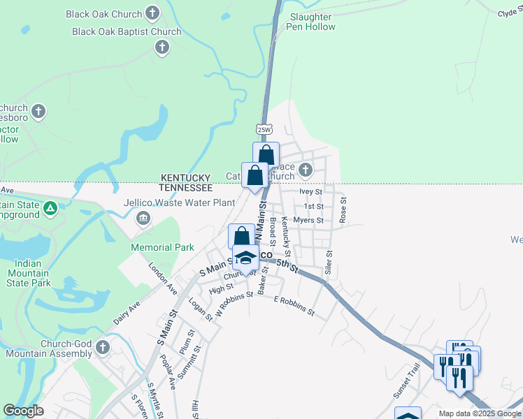 map of restaurants, bars, coffee shops, grocery stores, and more near 226 North Main Street in Jellico
