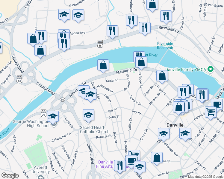map of restaurants, bars, coffee shops, grocery stores, and more near 400-498 Sycamore St in Danville