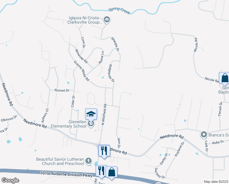 map of restaurants, bars, coffee shops, grocery stores, and more near 2763 Ridgepole Drive in Clarksville