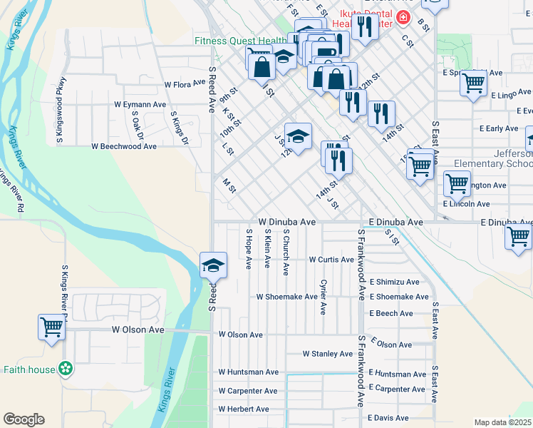 map of restaurants, bars, coffee shops, grocery stores, and more near 569 West Dinuba Avenue in Reedley