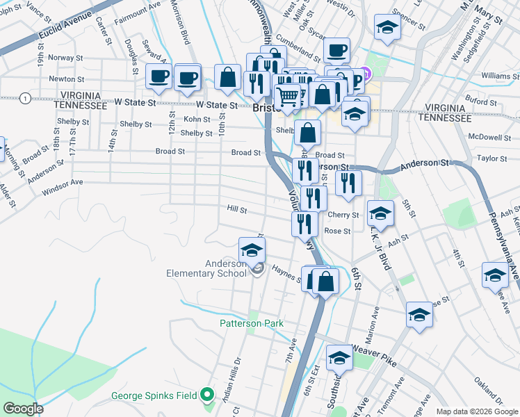map of restaurants, bars, coffee shops, grocery stores, and more near 910 Hill Street in Bristol