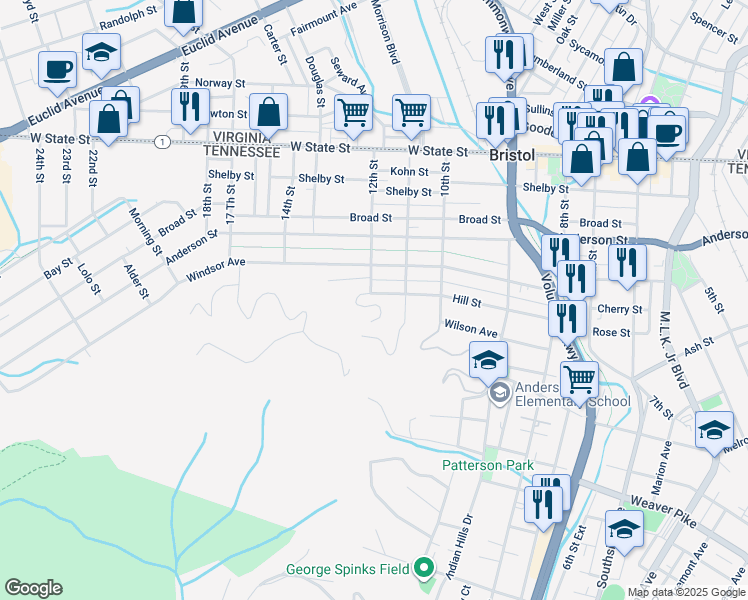 map of restaurants, bars, coffee shops, grocery stores, and more near 512 11th Street in Bristol