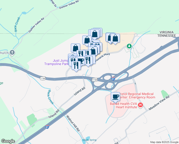 map of restaurants, bars, coffee shops, grocery stores, and more near 215 Stevens Trail in Bristol