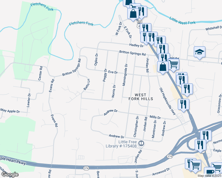 map of restaurants, bars, coffee shops, grocery stores, and more near 217 Norris Drive in Clarksville