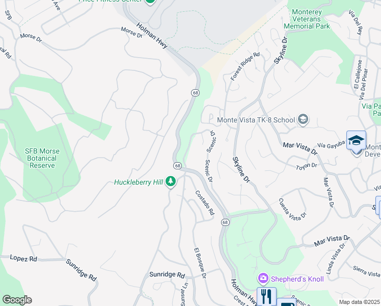map of restaurants, bars, coffee shops, grocery stores, and more near 22 Ocean Pines Lane in Del Monte Forest
