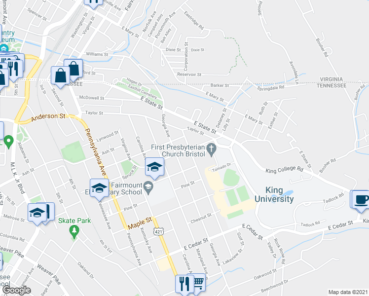 map of restaurants, bars, coffee shops, grocery stores, and more near 622 Florida Avenue in Bristol