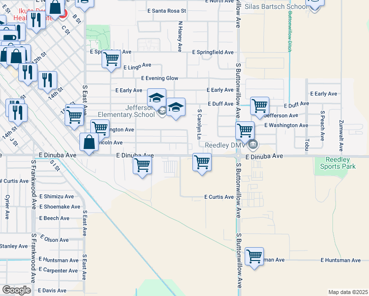 map of restaurants, bars, coffee shops, grocery stores, and more near 1246 East Dinuba Avenue in Reedley