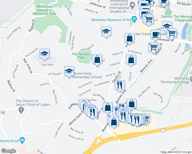 map of restaurants, bars, coffee shops, grocery stores, and more near 221 San Bernabe Drive in Monterey