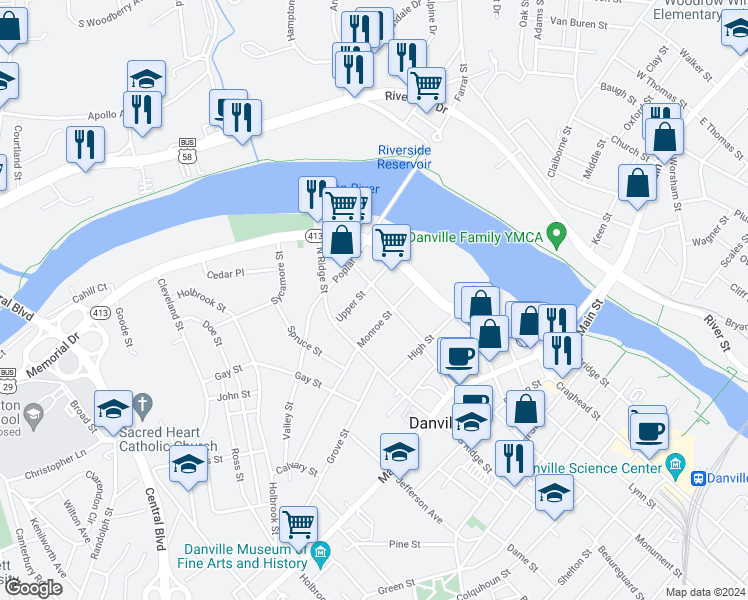 map of restaurants, bars, coffee shops, grocery stores, and more near 630 Monroe Street in Danville