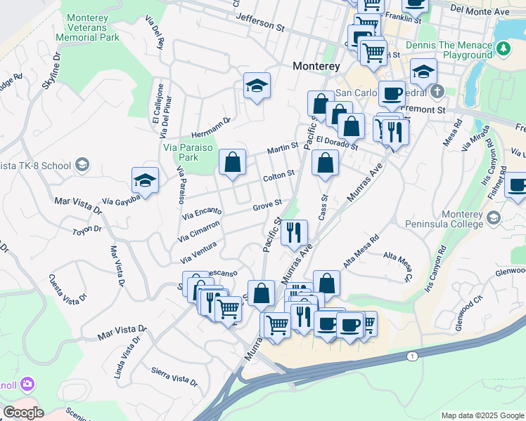 map of restaurants, bars, coffee shops, grocery stores, and more near 701 Grove Street in Monterey
