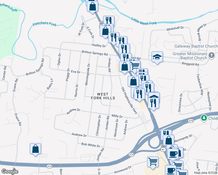 map of restaurants, bars, coffee shops, grocery stores, and more near 204 Maplewood Drive in Clarksville