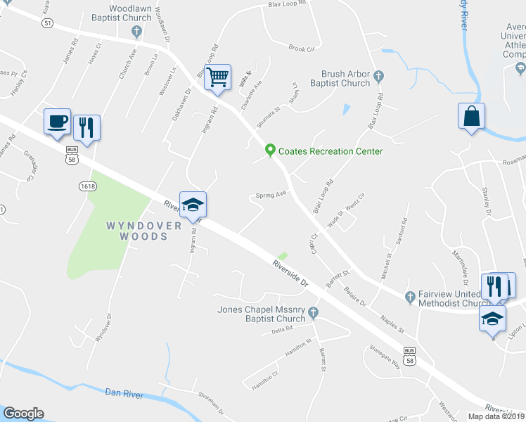 map of restaurants, bars, coffee shops, grocery stores, and more near 143 Spring Avenue in Danville