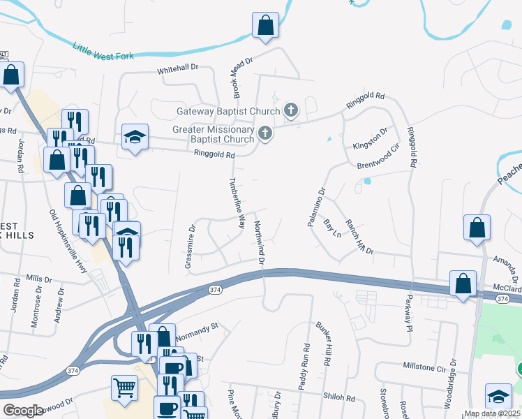 map of restaurants, bars, coffee shops, grocery stores, and more near 109 Azalea Court in Clarksville