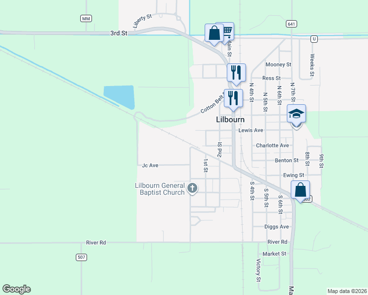 map of restaurants, bars, coffee shops, grocery stores, and more near 101 Baehr Road in Lilbourn