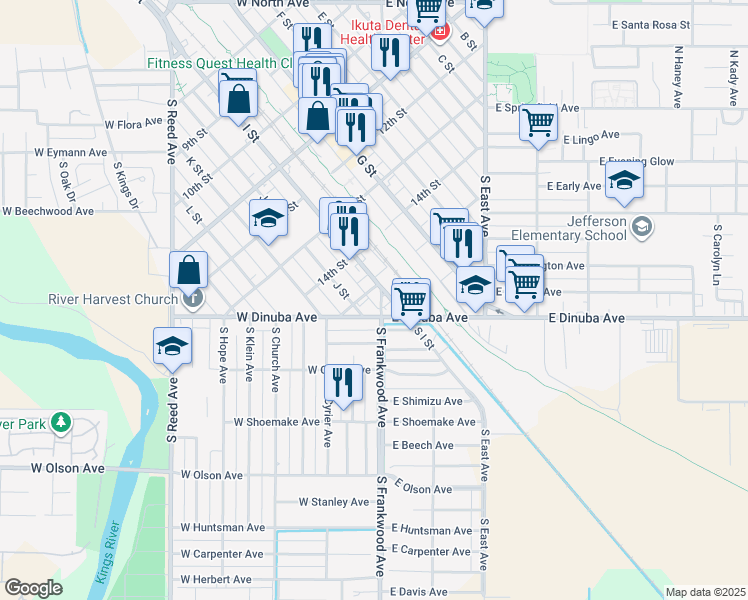 map of restaurants, bars, coffee shops, grocery stores, and more near 1421 I Street in Reedley
