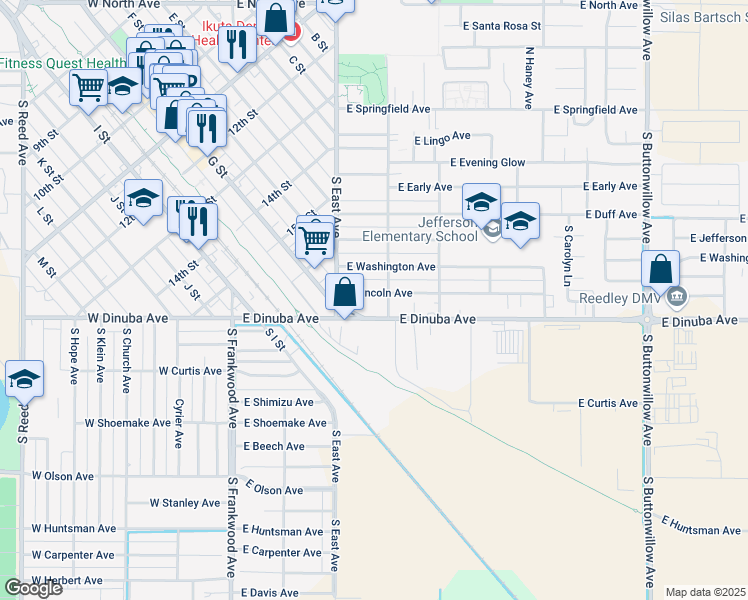map of restaurants, bars, coffee shops, grocery stores, and more near 682 East Lincoln Avenue in Reedley