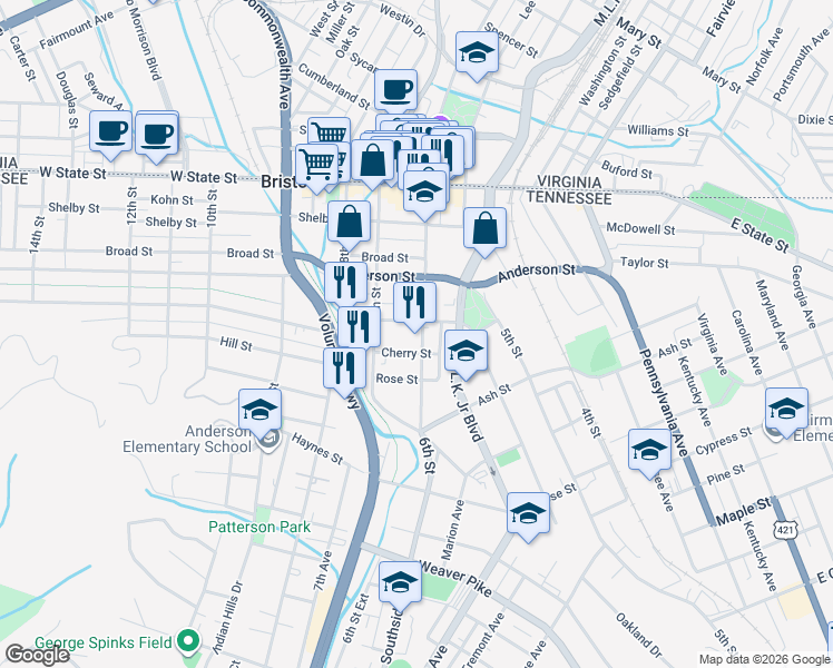 map of restaurants, bars, coffee shops, grocery stores, and more near 332 6th Street in Bristol