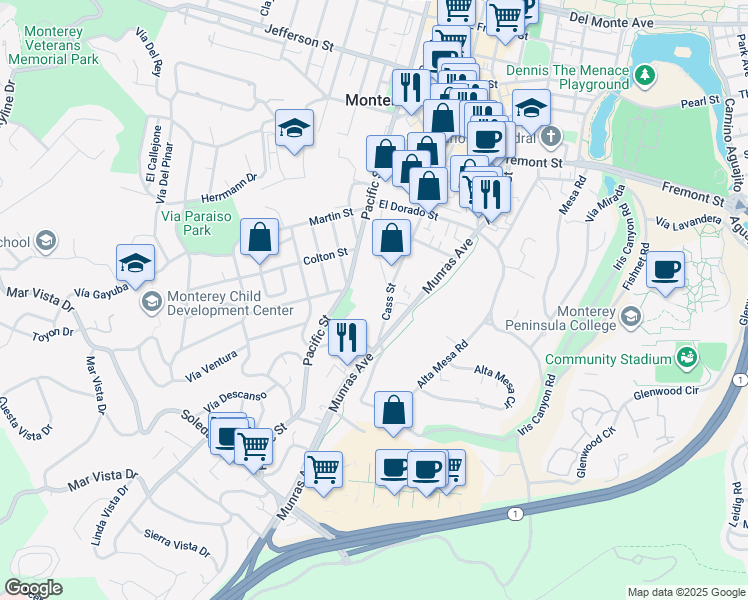 map of restaurants, bars, coffee shops, grocery stores, and more near 1088 Cass Street in Monterey