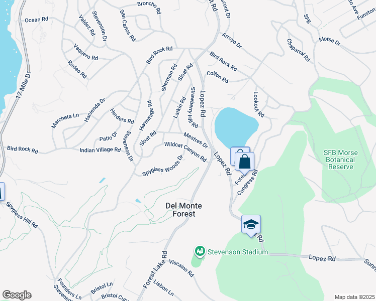 map of restaurants, bars, coffee shops, grocery stores, and more near 1070 Spyglass Woods Drive in Del Monte Forest