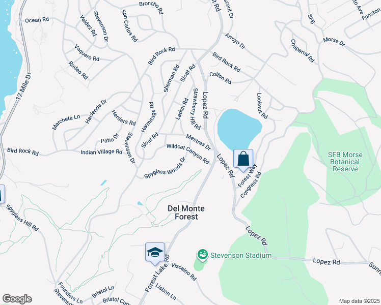 map of restaurants, bars, coffee shops, grocery stores, and more near 1070 Spyglass Woods Drive in Del Monte Forest