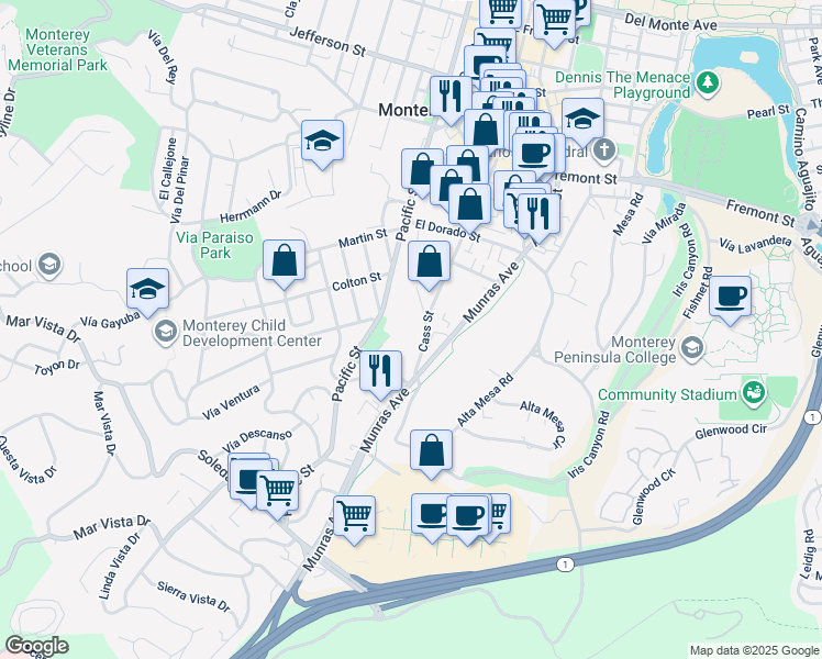 map of restaurants, bars, coffee shops, grocery stores, and more near 1110 Cass Street in Monterey